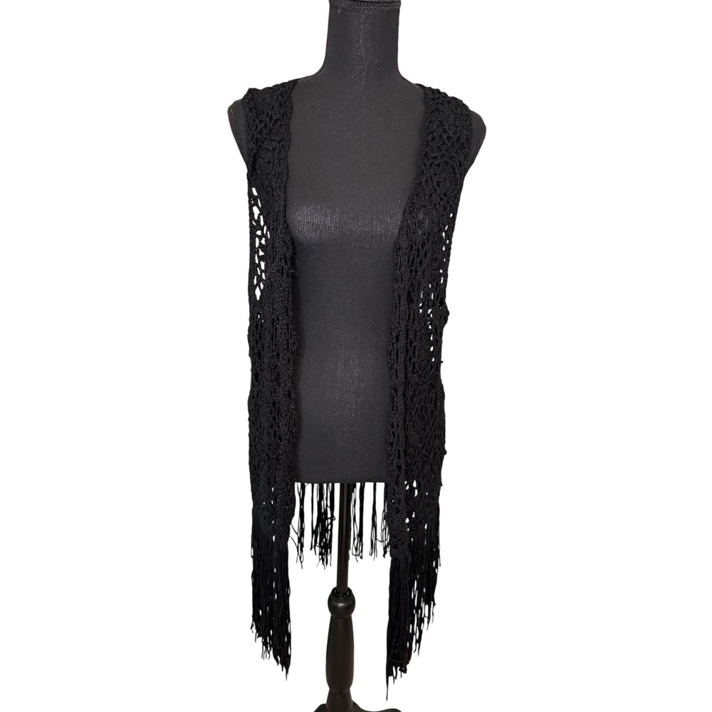 Kori America Black Crochet Fringe Vest Womens Medium Boho Open Front Festival